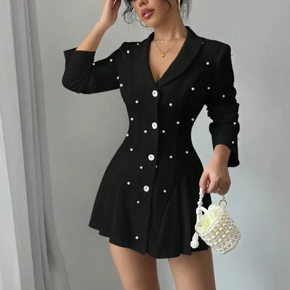 Black Elegant Women's Pearl Stud Button Front Blazer Jacket
